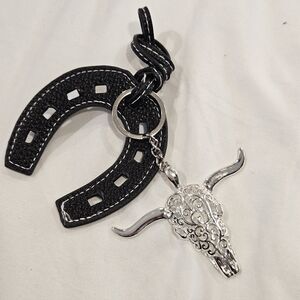 2 Fer Western Bag Charm/Keychains || Silver Ornate Bull & Black Horseshoe